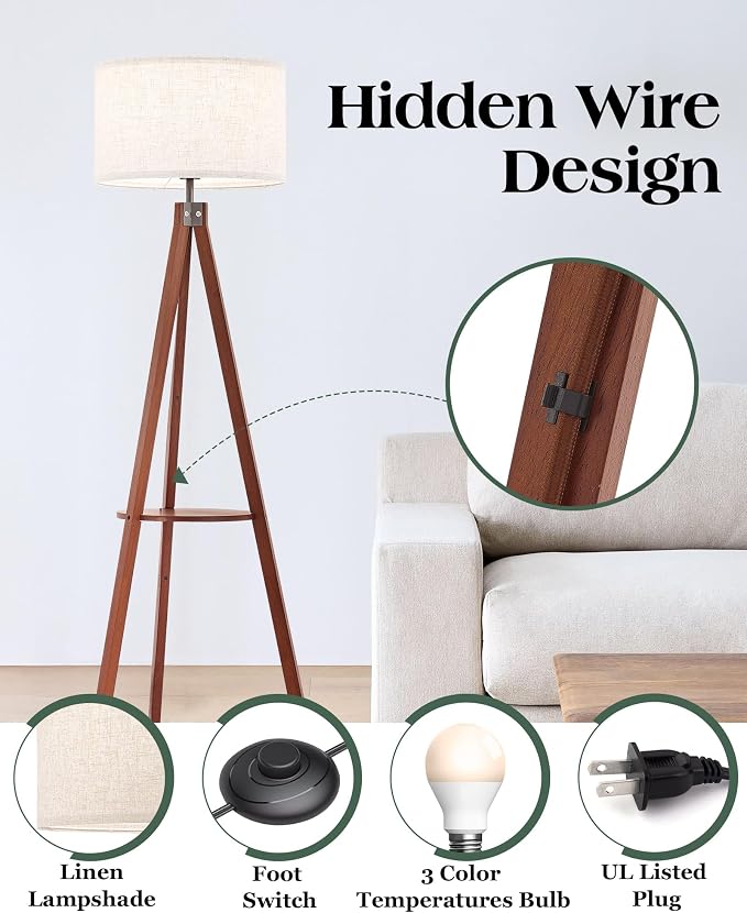 ELYONA Mid Century Floor Lamp with 3 Color Temperatures LED Bulb, Modern Wood Tripod Table Reading Standing Light, Wooden Shelf Floor Lamp for Farmhouse Living Room Bedroom Office Linen Shade Brown