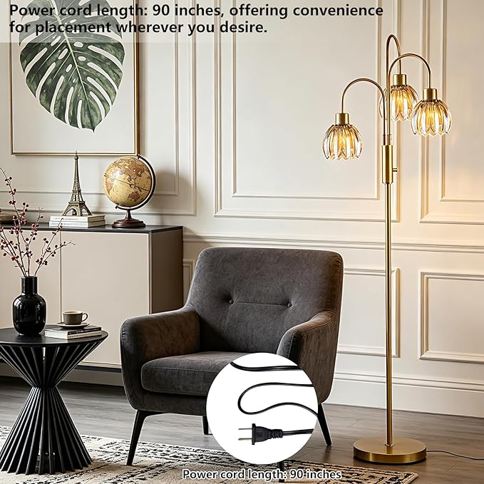3-Light Glass Floor Lamp, 70" Gold Dimmable Standing Tall Lamp with Amber Ribbed Glass Shades &3PCS 3000K Warm White Bulbs, Modern Tree Pole Lamp for Living Room Bedroom Home Office Corner Decor