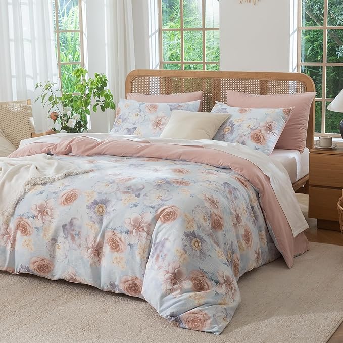 King Comforter Set Flowers 3 Pieces Soft Chic Crinkle Gauze Fabric Bedding, Garden Peony Floral Print Botanical Comforter for All Seasons Luxury Warmth Comfy Breathable with 2 Pillowcases