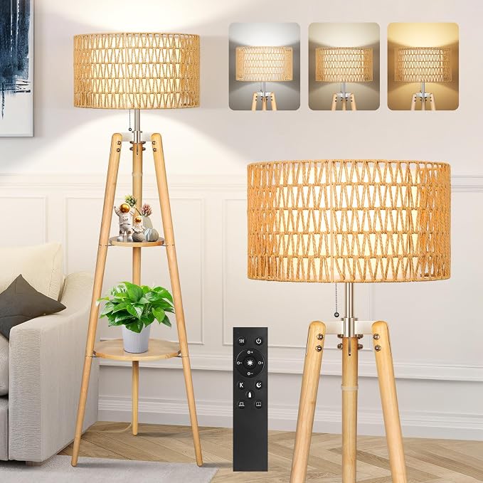 OUTON Boho Rattan Tripod Floor Lamp with Shelves, Dimmable Mid Century Modern Standing Lamp with Remote Control,Wood Tall Floor Lamps for Living Room Bedroom Office Farmhouse Bulb Included