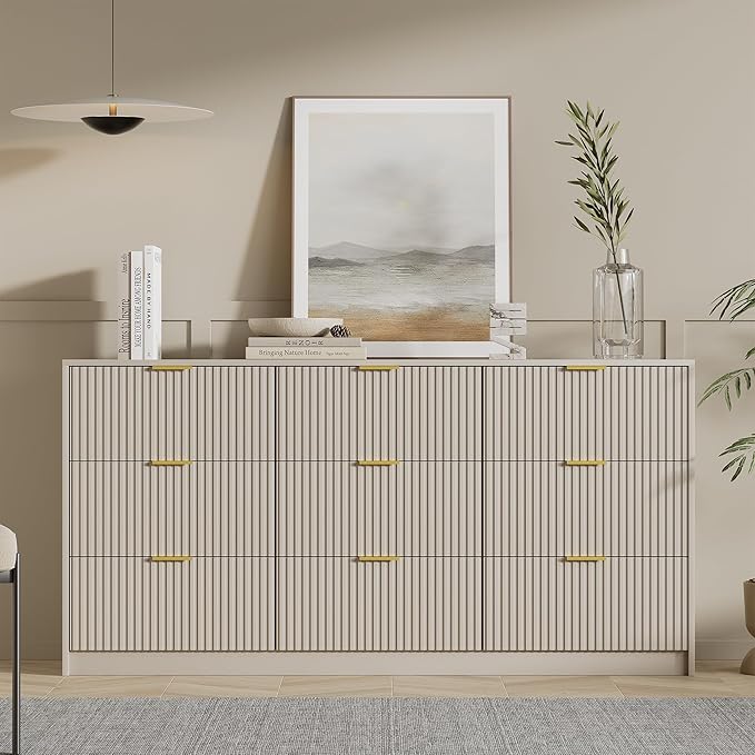 Beige Dresser for Bedroom, Modern Dresser with 9 Drawers and Smooth Slides, Wide Chest of Drawers with Golden Handles for Bedroom, Living Room, Closet, 15.7" D x 63" W x 31.5" H