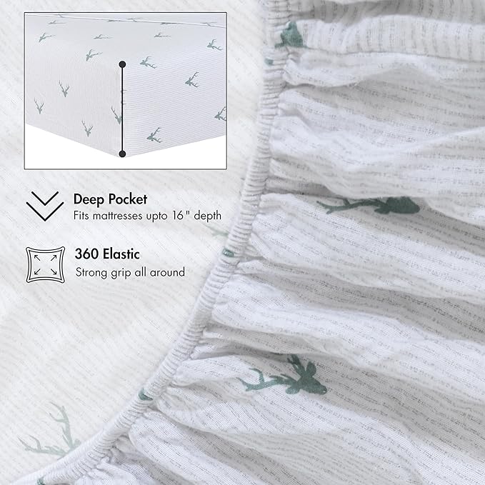 RUVANTI Flannel Sheets Twin XL Size - 100% Cotton Double Brushed Twin XL Sheet Sets, Deep Pockets 16 Inches, All Seasons Breathable & Extra Soft Bed Sheets, Warm & Cozy, 3 Piece, Stag Synphony