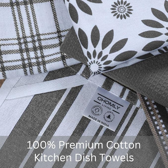 Assorted Kitchen Towels Set of 5-100% Cotton Dish Cloths Towels with Hanging Loop - Soft, Absorbent & Washable for Kitchen Use - Quick Drying Dish Towels 16x26 Inch Grey