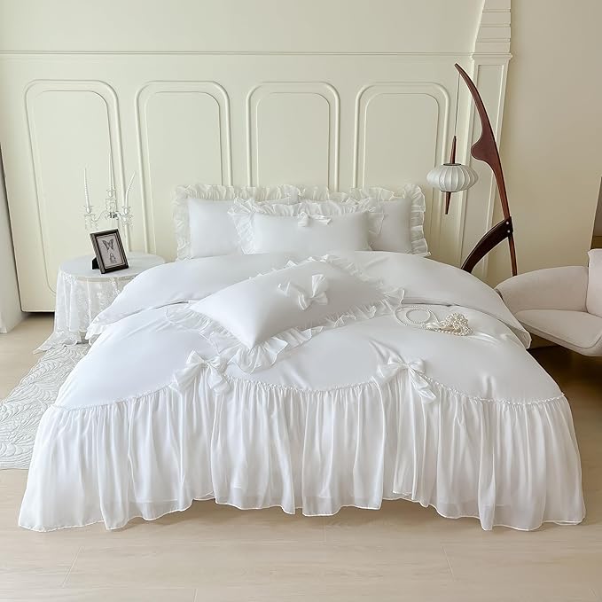 Girls Lace Bedding,Full Comforter Cover Set, Chic Ruffled Duvet Cover with Lovely Bow,Princess Style 1 Duvet Cover with 2 Pillowcases, No Comforter-White,Full Size