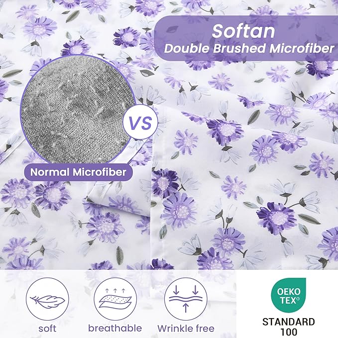 Softan Puple Floral Queen Sheet Set, 4-Piece Microfiber Printed Fitted Sheet with 15" Deep Pockets & Non-Slip Straps, White Flower Patterned Bedding Sheets & Pillowcase Set