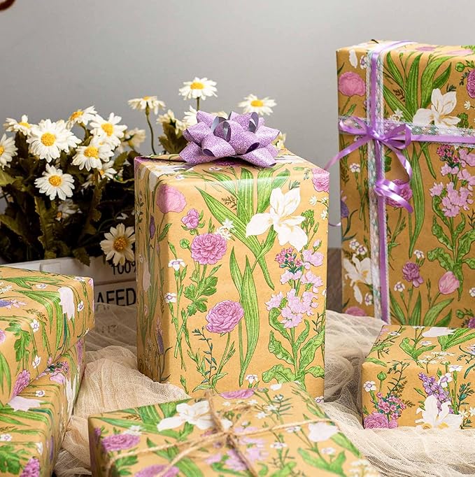 MAYPLUSS Kraft Floral Wrapping Paper Roll - 17Inch x 16.5Feet - Colorful Watercolor Boho Forest and Garden Flower Gift Wrap Green Wedding Gift Wrap for Birthday, Mothers Day, Bridal Shower, Engagement