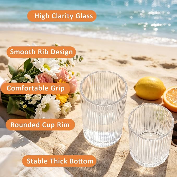 14 oz & 18 oz Ribbed Drinking Glasses Set of 12, Vintage Iced Coffee Cups Elegant Glassware, Highball Glass Cups Ridged Glass Tumbler for Cocktail, Whiskey, Beer, Water, Juice, Origami Style Clear
