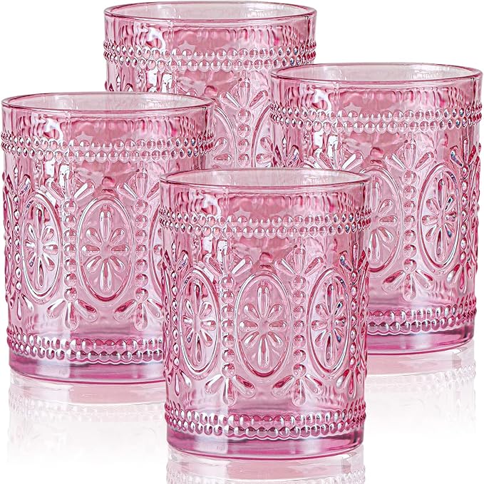 abrwyy Pink Glassware set of 4, Vintage Drinking Glasses, 10oz Pink Heavy Duty Glass Cups, Old Fashioned Glass, Embossed Glasses Set for Party Wedding Home Office Glassesware Gift