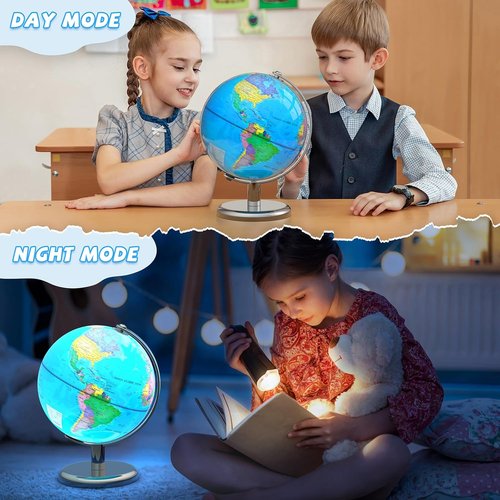 Regine Switzerland Illuminated World Globe - 8" Interactive Globe Lamp for Kids with Stable Metal Base