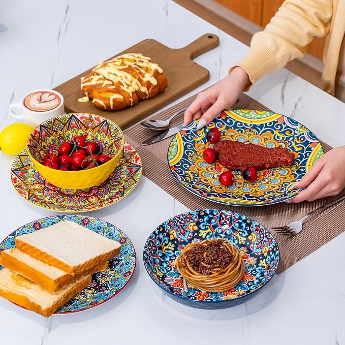 Plates and Bowls Set, Service for 4, 16 Pieces Ceramic Dinnerware Set, Microwave and Dishwasher Safe, Scratch Resistant, Bohemian Style Plates Set for Salad, Pasta, Dessert, Appetier