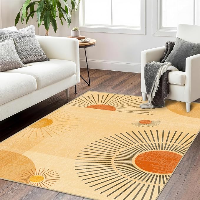 Sun Rug 3x5 for Living Room Mid Century Modern Area Rugs Machine Washable Boho Geometric Rug Non Slip Printed Low Pile Indoor Floor Carpet for Kitchen Bathroom Bedroom,Yellow