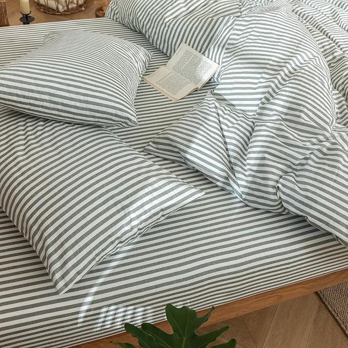 MooMee Striped Duvet Cover Set 100% Washed Cotton Linen Like Textured Breathable Durable Soft Comfy (Heathered Green Classic Stripes, Super Queen 90"x98")