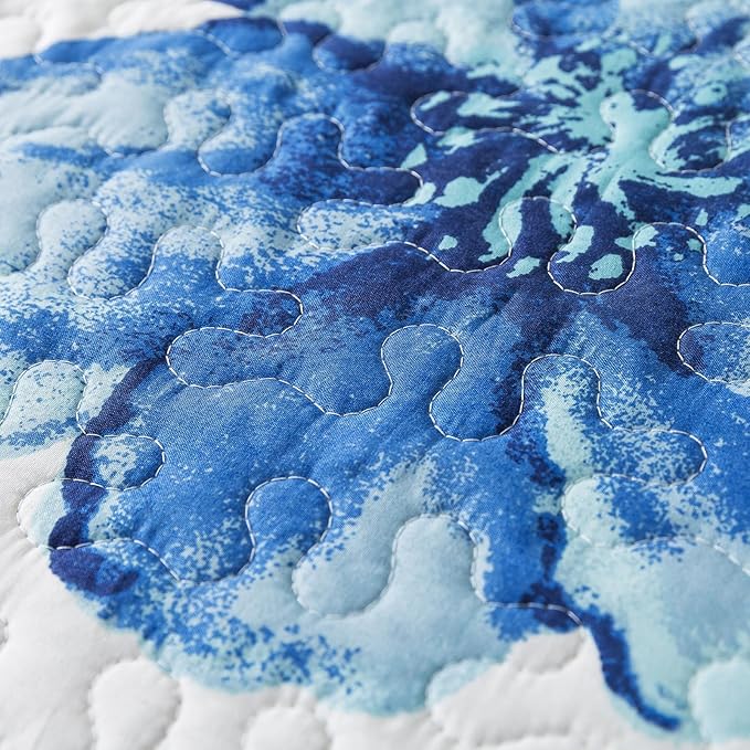 HoneiLife Quilt Sets Queen Size - 3 Piece Microfiber Quilts Reversible Bedspreads Print Coverlets Floral Bedding Set All Season Bedcover- Splash-Ink Painting,Blue & Cyan