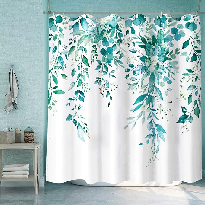 Teal Eucalyptus Shower Curtain Watercolor Floral Plant Leaf Shower Curtains for Bathroom Botanical Flower Waterproof Fabric Bath Curtain Decor with Hooks (Teal, 72'' x 72'')