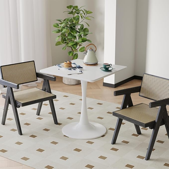 White Square Tulip Table for 2 Person, 24 Inch Small Dining Table with Metal Pedestal Base for Kitchen, Mid Century Modern Table with Round Corners for Living Room, Cafe, Office, Pub, Bar, Bistro