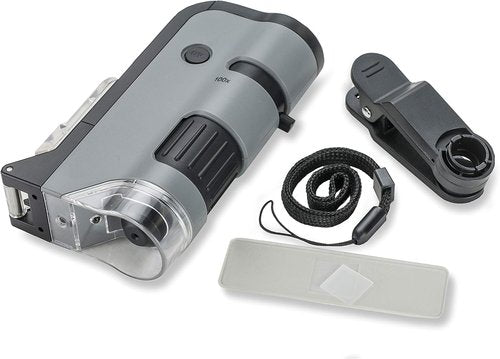 Carson MicroFlip Pocket Microscope 100x-250x - LED & UV Light, Flip Down Base, 24 Prepared Slides Bundle