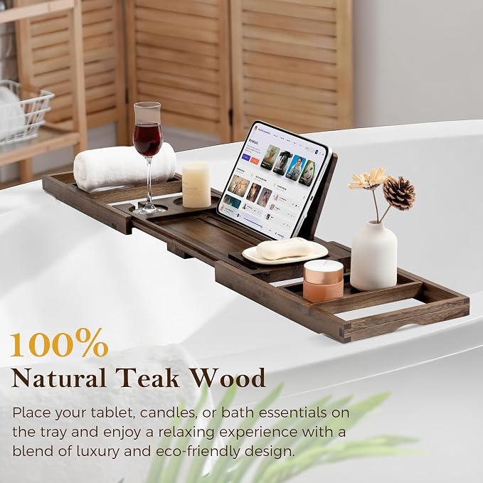 Teak Bathtub Tray, Expandable Bath Tray for Tub 28–40in, Foldable Bath Caddy with Wine Holder, Phone & Tablet Stand, Wooden Bathtub Organizer, Luxury Spa Bathroom Accessories Gift - Dark Walnut Finish