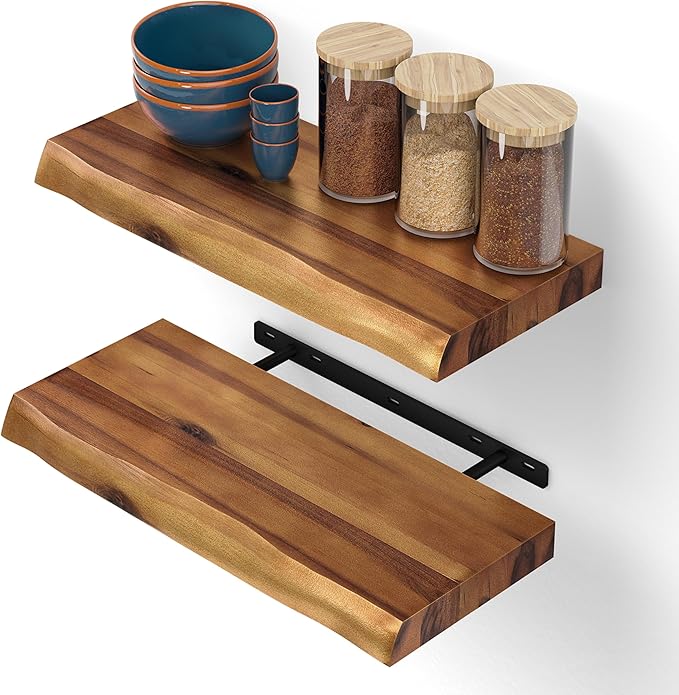 BATODA 17” Acacia Live Edge Floating Shelves, Wooden Floating Shelves for Wall - Set of 2 Floating Book Shelves, Book Shelf for Wall, Bathroom, Kitchen - Mounted Shelf, House Decor with Hardware