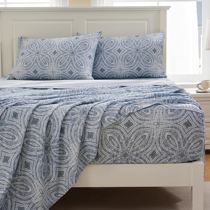 Zusbest California King Sheets 100% Percale Cotton Grey Bed Sheet Set, Brushed Extra Softness, Breathable Luxury Flannel Like Sheets Modern Classic Navy Printed Deep Pocket Bed Set 17.5'' 4 Pcs