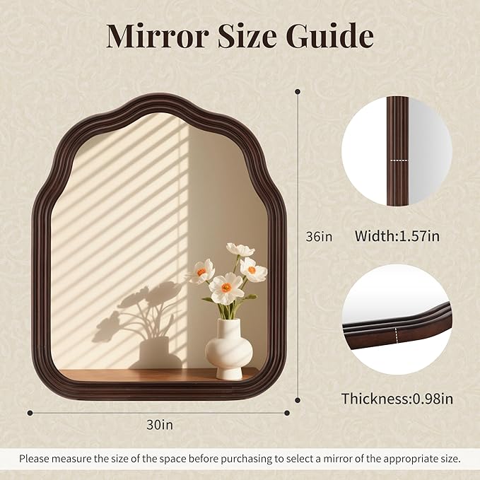 Tanmicoshomy Wood Arch Bathroom Mirror 30x36 Inch, Rustic Wavy Wooden Framed Mirrors with Tempered Glass for Living Room, Bedroom or Entryway (Dark Brown)