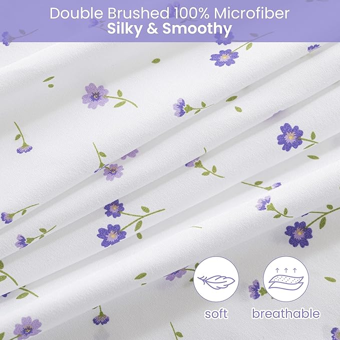 Softan Purple Floral King Bed Sheet Set, Cozy Microfiber Patterned Fitted Sheets with 15" Deep Pocket & Non-Slip Straps, Cute Purple Flower Printed Sheets & Pillowcase Set King