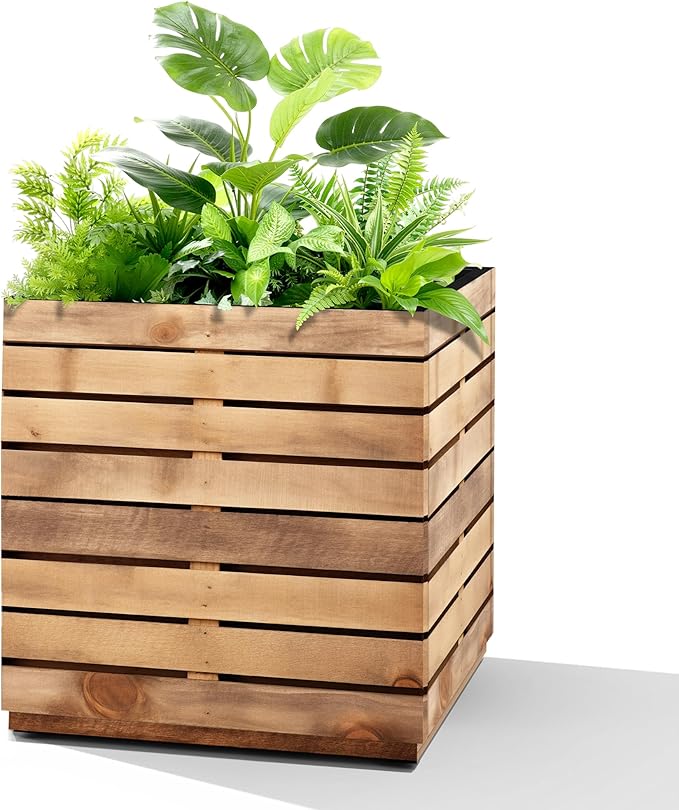 Metal Planter Box Rectangular Planter Box with Drainage Hole, Outdoor Large Planters, All-Weather Use, Rust-Resistance, for Flowers Plants, 17" L × 17" W × 18" H, Dark Walnut