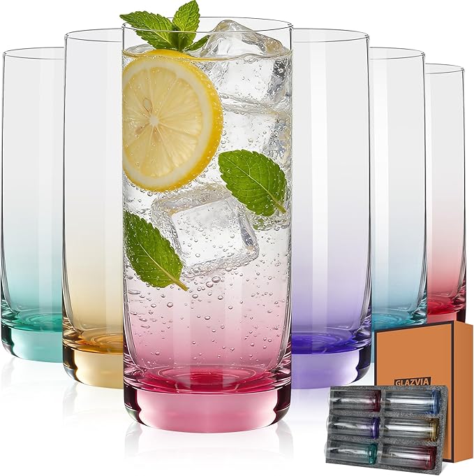 Colored Highball Glasses Set of 6,13oz Drinking Glass Cups for Mixed Drink Cocktail, Beer, Mojito, Water and Juice,Thick Tall Crystal Glassware for Kitchen, Restaurant, Home Bar and Parties