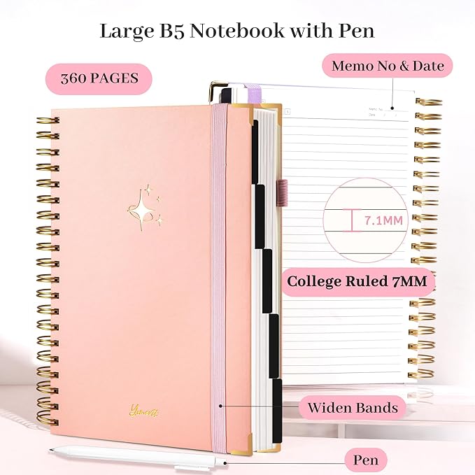 FLYING EAGLE Leather Spiral Notebooks for Work 5 Subject Notebook College Ruled with Dividers Pen, 360 Pages B5 Hardcover Lined Journals for Women Men Writing,Pink
