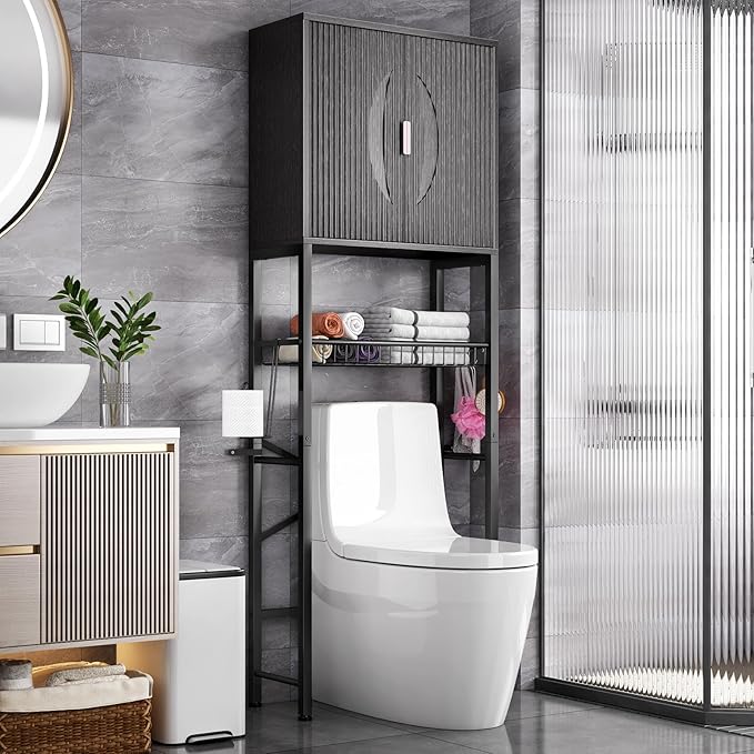 Kalrin Over The Toilet Storage Cabinet with Fluted Wave Doors and Adjustable Shelf, Wood Over Toilet Storage Rack with Drain Basket, Freestanding Bathroom Organizer for Balcony Laundry, Pure Black