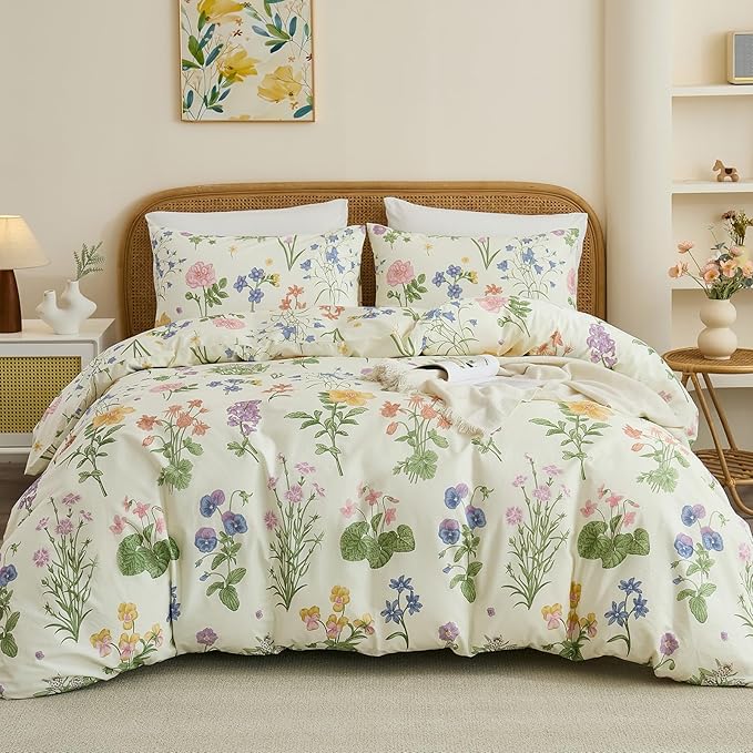 100% Cotton Duvet Cover King Size – Botanical Garden Print, Green Floral Duvet Cover Set with Zipper Closure, 3-Piece Soft Breathable Natural Cotton Bedding Set for All Seasons