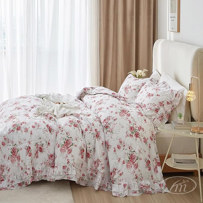 Rose Red Flower Comforter Set Queen Size Romantic Girls Lace Comforter Set Soft Microfiber Botanical Bedding Comforter Set 1 Floral Ruffled Comforter with 2 Pillowcases Lightweight Comfy