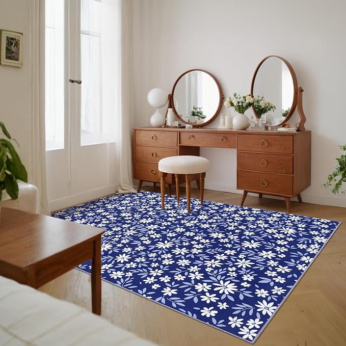 Washable 8x10 Rug Modern Floral Area Rug for Living Room Low Pile Soft Bedroom Indoor Carpet Modern Solid Large Rugs Non Slip Thin Foldable Floral Carpet Mat for Nursery Dining Room, Navy