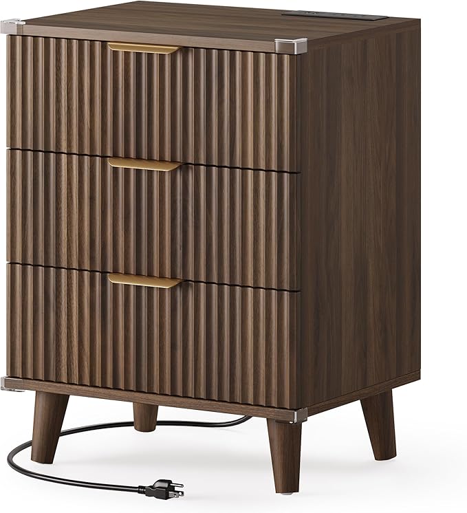 Lulive Wood 3 Drawers Dresser Fluted Night Stand with Charging Station, Storage Nightstand Modern Side Table, Bedside Table for Bedroom, Entryway