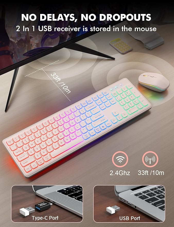 Wireless Keyboard and Mouse Combo, RGB Backlit, Rechargeable & Light Up Letters, Full-Size, Soft Typing, Sleep Mode, 2.4GHz Quiet Keyboard Set for Mac, Windows, Laptop, PC, Trueque (Pink)