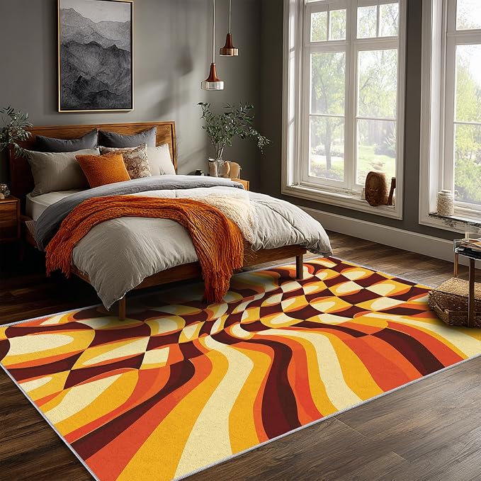 70s Retro Rugs 8x10, Orange Brown Abstract Washable 8 x 10 Area Rug for Living Room, Bedroom, Low Pile Non Slip Stain Resistant Carpet, 70s Orange Home Decor Accessories & M837