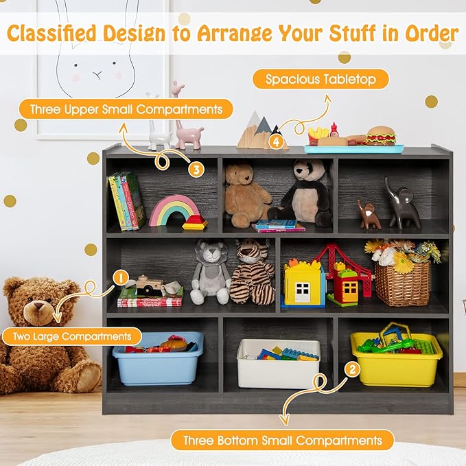 KOTEK Toy Storage Organizer, 8 Cubby Kids Bookshelf, Wooden 4-Tier Bookcase Storage Cabinet, Open Display Book Shelf for Daycare, Nursery, School Classroom, Playroom & Bedroom (Grey, 8 Cubes)