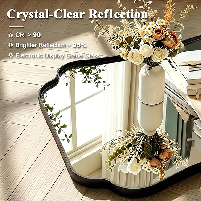 ANDY STAR 36x48 Inch Black Bathroom Mirror, Large Scalloped Wave-Edge Wall Mirror for Bathroom Vanity, Decorative Modern Vintage Metal Frame Mirror for Living Room, Entryway, Bedroom