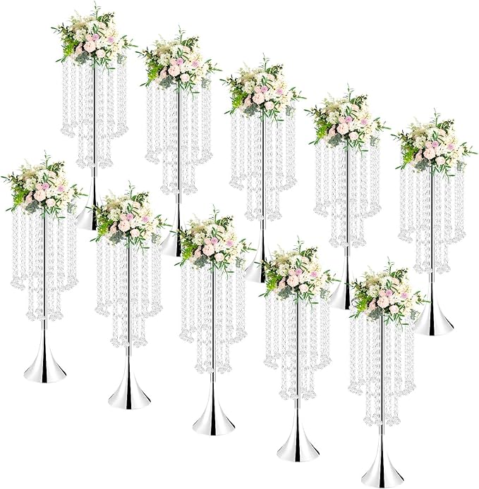 10 Pack 21.9"/55.6cm Tall Crystal Beaded Flower Stands, Metal Wedding Centerpiece Vases for Table/Aisle Decor - Reusable Event Centerpieces for Home, Party, Hotel (Silver)
