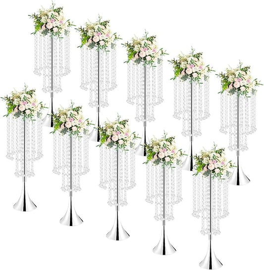 10 Pack 21.9"/55.6cm Tall Crystal Beaded Flower Stands, Metal Wedding Centerpiece Vases for Table/Aisle Decor - Reusable Event Centerpieces for Home, Party, Hotel (Silver)