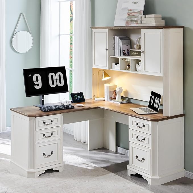 T4TREAM 59" Farmhouse Wood Desk Hutch with Ample Storage, Only Match VSC Series Farmhouse Desk (Antique White)