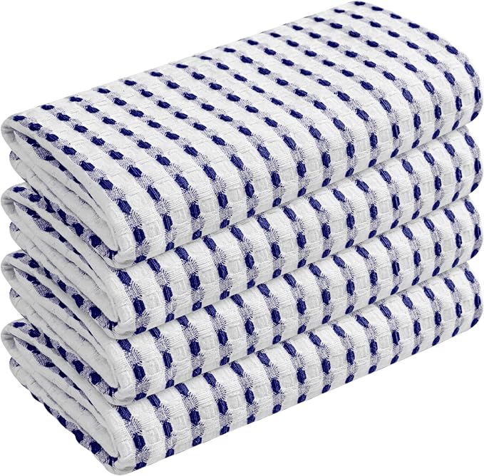 TWINY threads Waffle Kitchen Towels 4 Pack, 16x26 Inches Absorbent Waffle Weave Dish Cloth Set for Drying Dishes, Soft, Durable & Machine Washable Tea Towel, Quick Dry, Indigo Blue, White