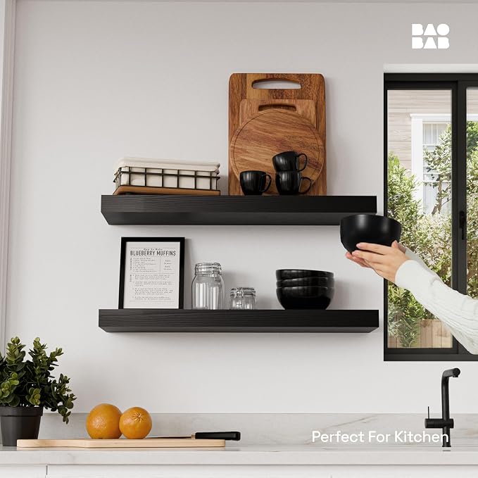 BAOBAB WORKSHOP Wood Floating Shelves for Bathroom Wall - Black Shelf 24 inch - Solid Wood Shelves for Wall for Bedroom Kitchen Living Room - Black Floating Shelves - 24 x 6.7 Inch, Set of 2