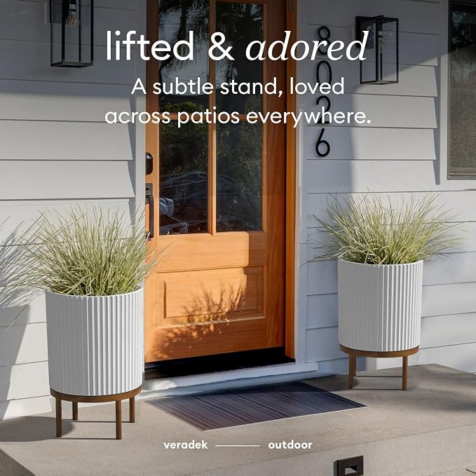 Veradek Demi 16 in. Raised with Stand Round White Plastic Planter with Brown Stand DMSTV16WBR