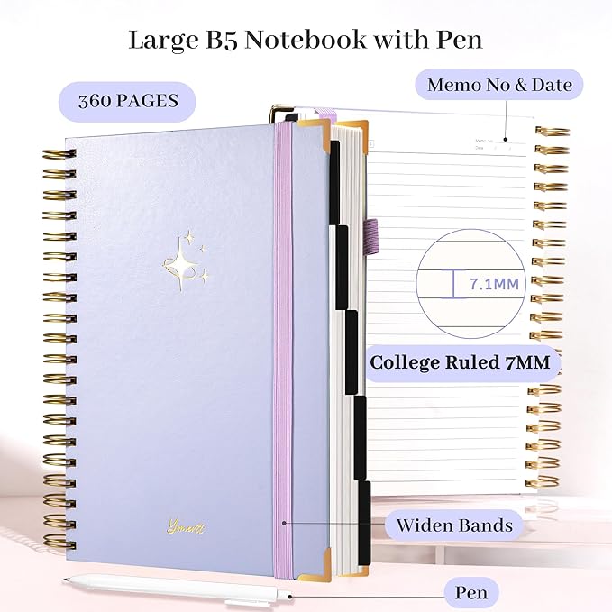 FLYING EAGLE Leather Spiral Notebooks for Work 5 Subject Notebook College Ruled with Dividers Pen, 360 Pages B5 Hardcover Lined Journals for Women Men Writing,Purple