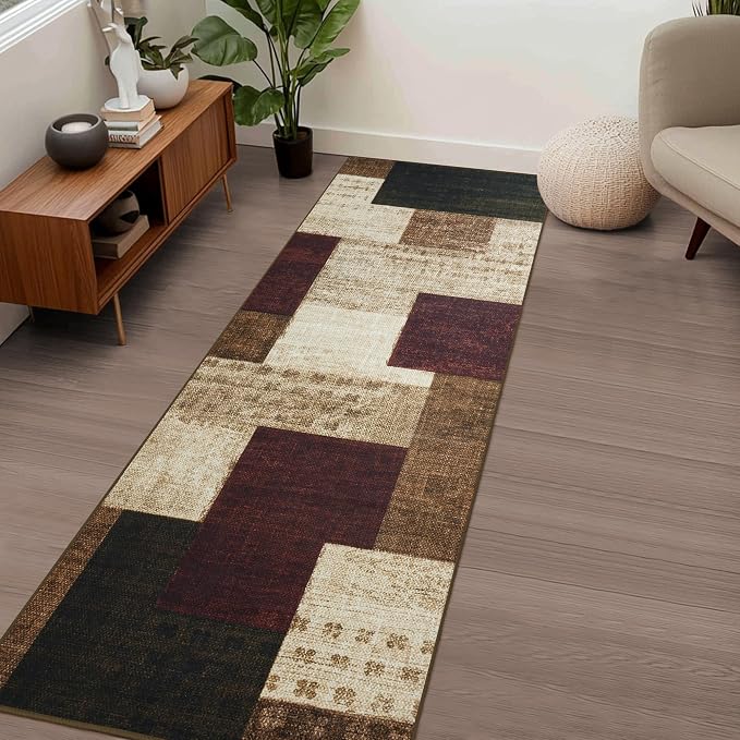 Modern Geometric Patchwork Indoor Runner Rug for Living Room, Red 2'x 6' Rug Rockwood Collection Hardwood Floors Decor for Bedroom, Burgundy Throw Carpet for Office Entryway Dining Room