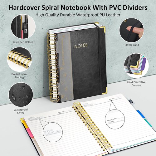 Regine Switzerland Hardcover Spiral Notebook - 8"x10" Large B5 Journal with Removable Dividers, 300 Pages, Black