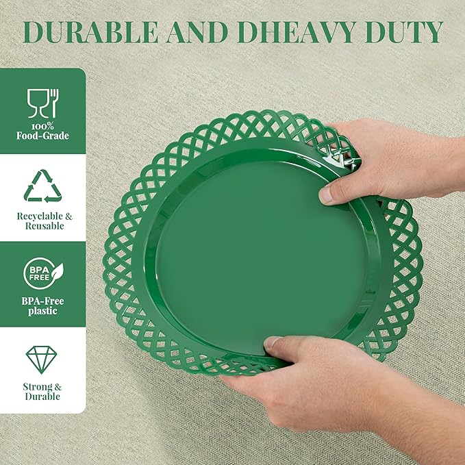 COLOSUS 60Pcs Green Christmas Plastic Plates, Fancy Green Scallop Plates, Heavy Duty Lace Hollowed Out Plate include 30 Dinner plate 10” and 30 Salad/Dessert plate 7.5”for Christmas