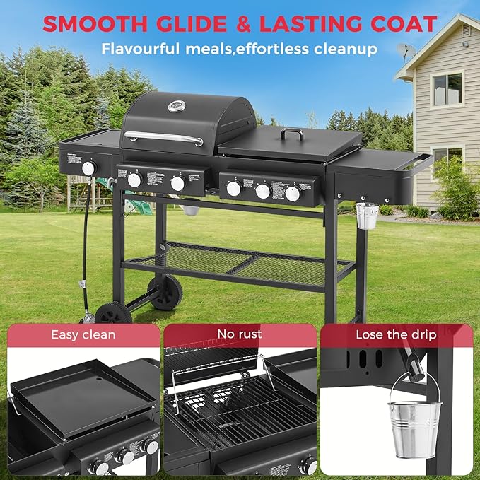 Lyromix 5 Burners Gas Grill and Griddle Combo with Side Burner, Propane Gas Grills with Heavy-duty Enamel Grate, Durable BBQ Outdoor Flat Top Grill for Backyard and Patios, 56000 BTU