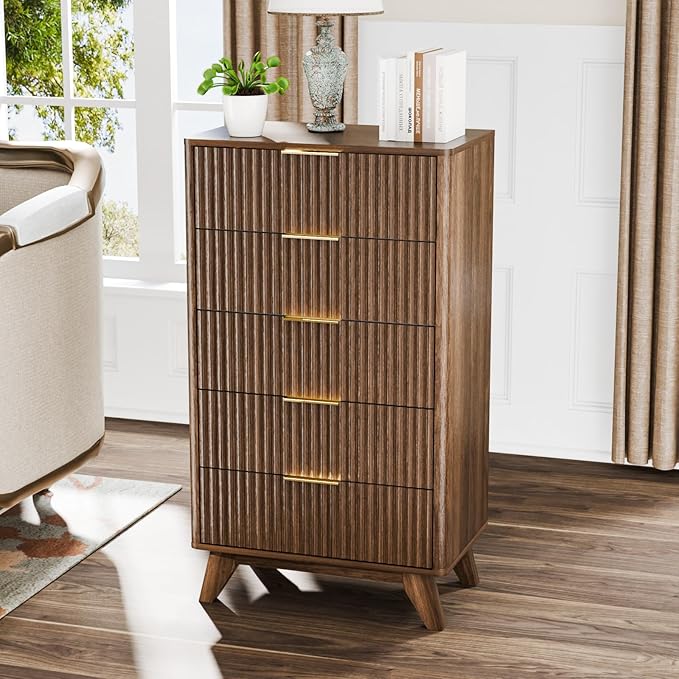 VINGLI Fluted Tall Dresser 5 Drawer, 23.66" W Chest of Drawers, Walnut Wood Dresser for Bedroom Mid Century Modern with Rounded Edge, 23.66" W*15.59" D*44.88" H