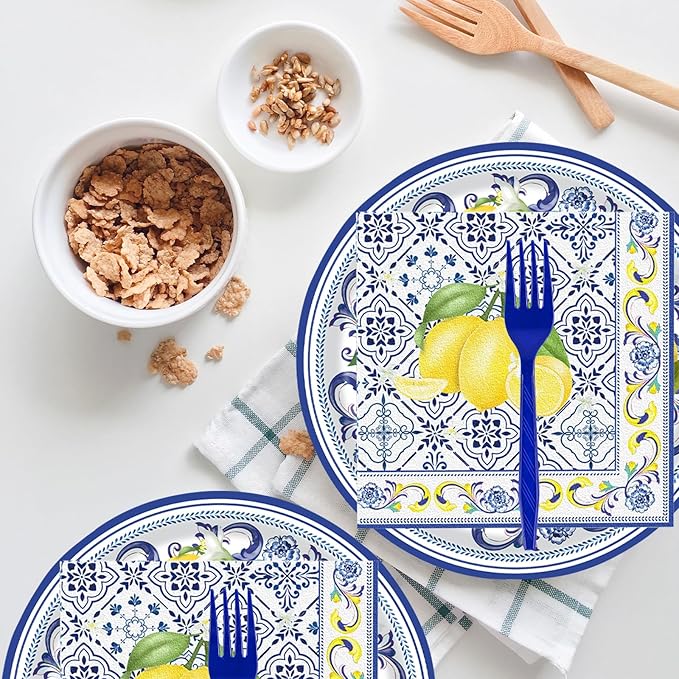 72 Pcs Lemon Paper Plates and Napkins Party Supplies , Blue Tiles Yellow Lemon Party Decorations Disposable Party Plates and Napkins Tableware Set for Birthday Wedding Baby Showe Serves 24 (Lemon)